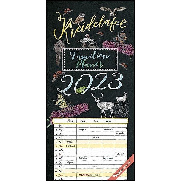 Kreidetafel Familienplaner 2023 - Familienkalender 22x45 cm - 5 Spalten - Kalender mit Ferienterminen und vielen Zusatzi
