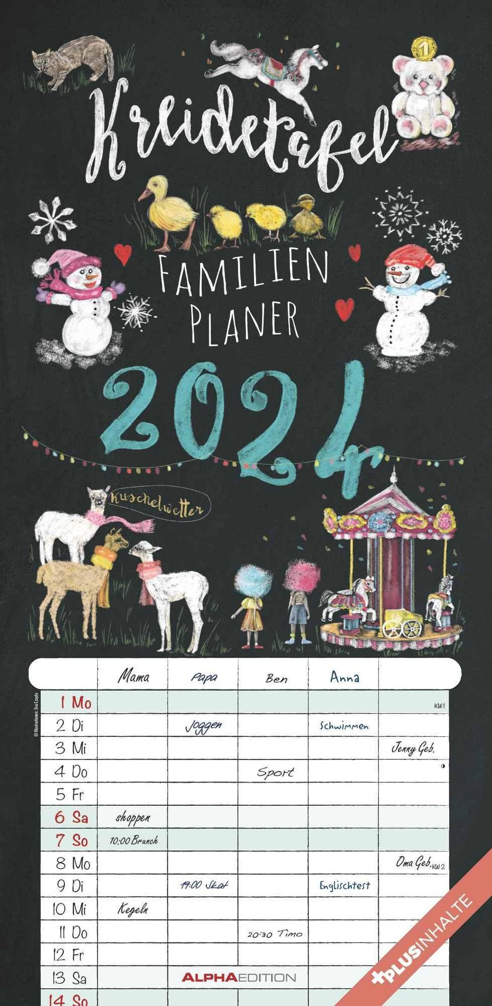 Kreidetafel Familienplaner 2024 - Familienkalender 22x45 cm - 5 Spalten -  Kalender mit Ferienterminen und vielen Zusatzi - Kalender bestellen