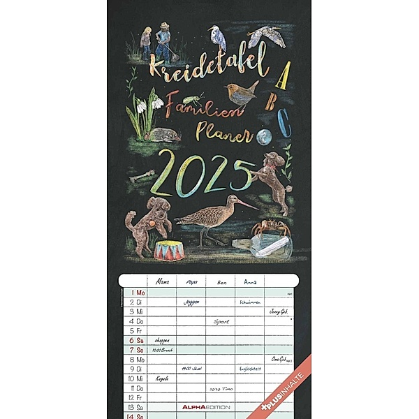 Kreidetafel Familienplaner 2025 - Familienkalender 22x45 cm - 5 Spalten - Kalender mit Ferienterminen und vielen Zusatzinformationen - Wandkalender