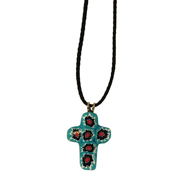 Kreuzanhänger aus Muranoglas, blau-rot