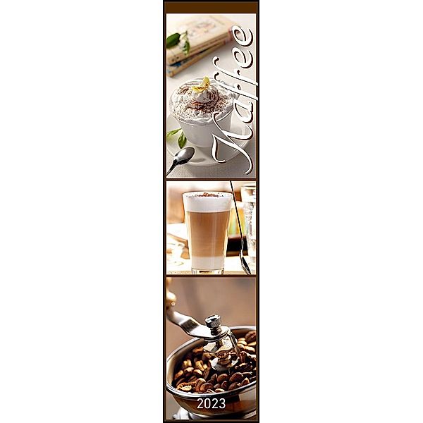 Küchenplaner Kaffee 2023 - Streifen-Kalender 11,3x49x5 cm - Kaffeekalender - mit leckeren Rezepten - Wandplaner - Küchen