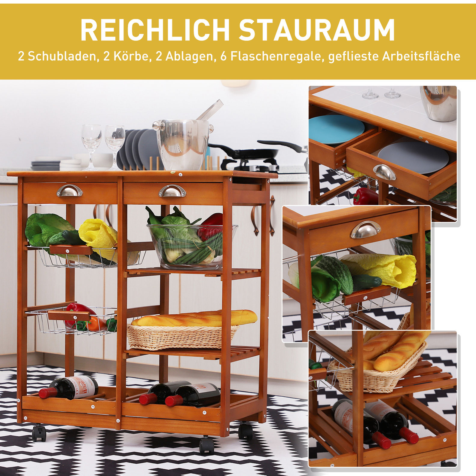 Küchenwagen mit 2 Schubfächer, Flaschenablage Farbe: honigfarben, Größe: 74  x 37 x 75 cm LxBxH | Weltbild.de
