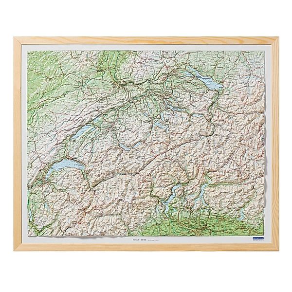 Kümmerly+Frey Relief Karte Schweiz mit Natur-Holzrahmen 1:500.000