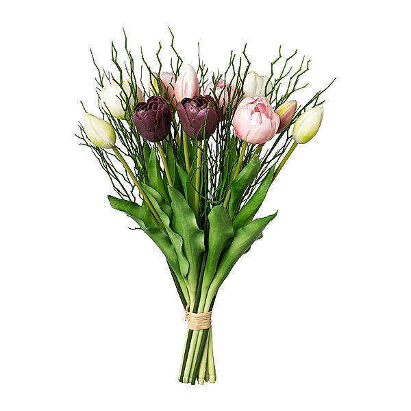 Künstliche gefüllte Tulpen im 12er-Bund mit 4 Zweigen, 43 cm (Farbe: rosa-mix)