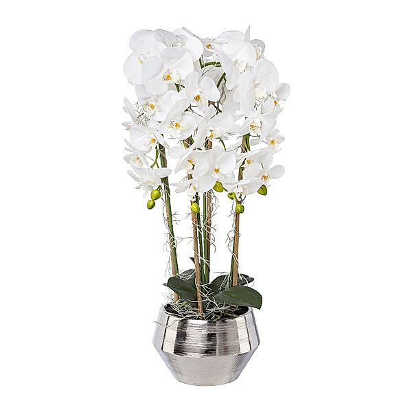 Künstliche Phalaenopsis Orchidee im Silbertopf, 75 cm, weiss