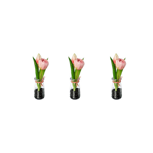 Künstliche Tulpen in Glasvase, 3er-Set, 21 cm (Farbe: rosa)