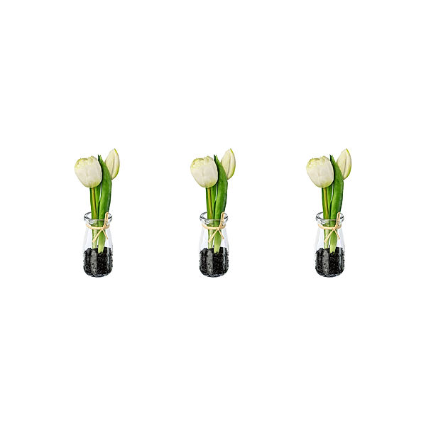 Künstliche Tulpen in Glasvase, 3er-Set, 21 cm (Farbe: weiß)