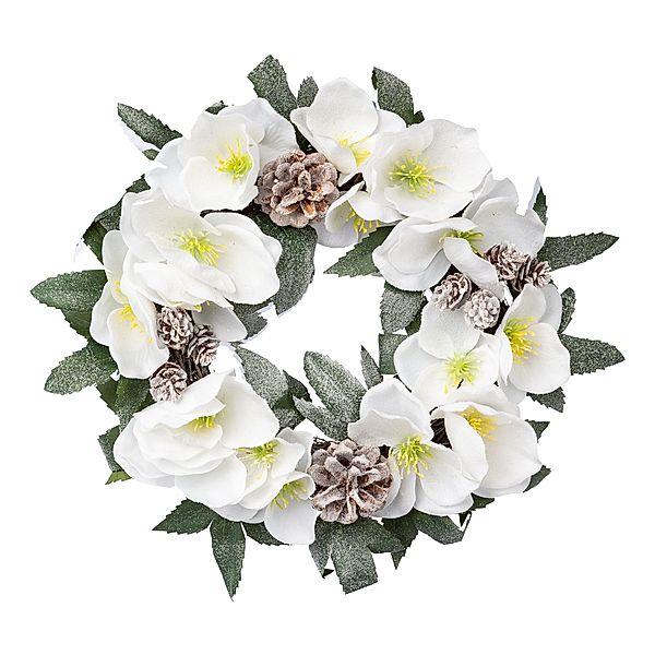 Künstlicher Christrosenkranz mit weißen Blüten und Zapfen gefrostet, 32 cm