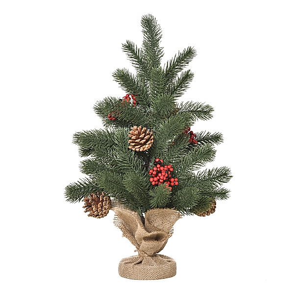Künstlicher Weihnachtsbaum für den Tisch mit Sockel in Sackleine verpackt