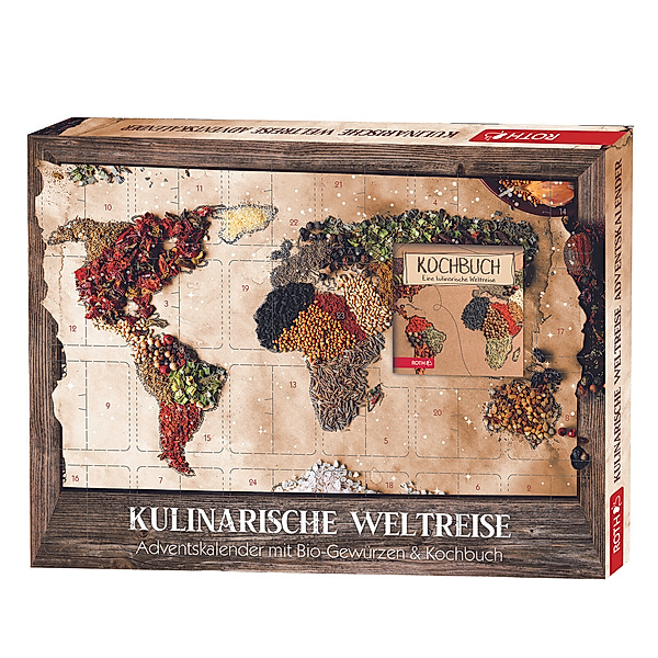 Kulinarische Weltreise Adventskalender mit Bio-Gewürzen (24 x 5g + Kochbuch)