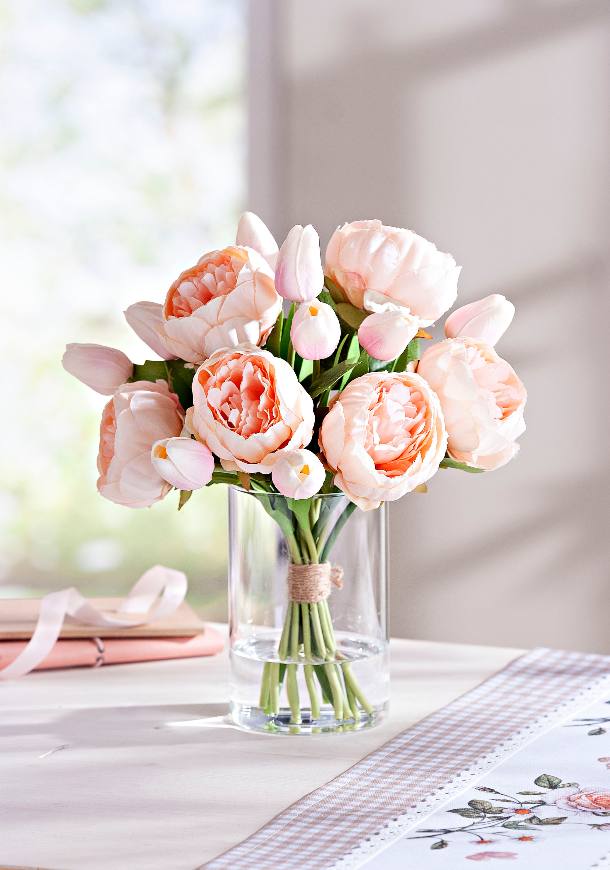 Kunstblumen Strauß Tulpen Vase Pfingstrosen in 