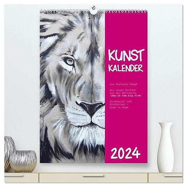 Kunstkalender Dickhäuter und Grosskatzen - Auge in Auge (hochwertiger Premium Wandkalender 2024 DIN A2 hoch), Kunstdruck in Hochglanz, Stefanie Rogge