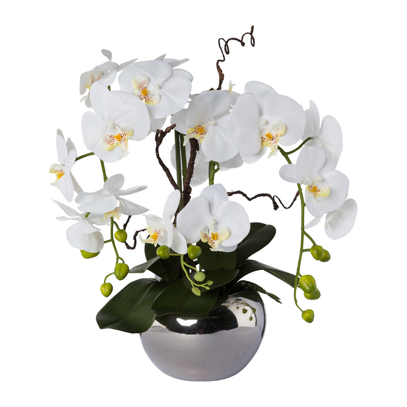 Kunstorchidee Phalaenopsis-Arrangement im Silbertopf, 55 cm Farbe: weiß