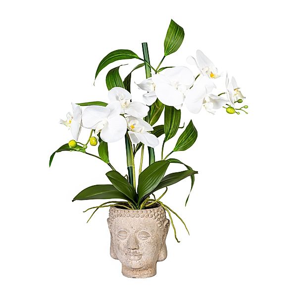 Kunstorchideen-Bambus-Arrangement im Buddha Topf, 60 cm, 2 Zweige (Farbe: weiss)