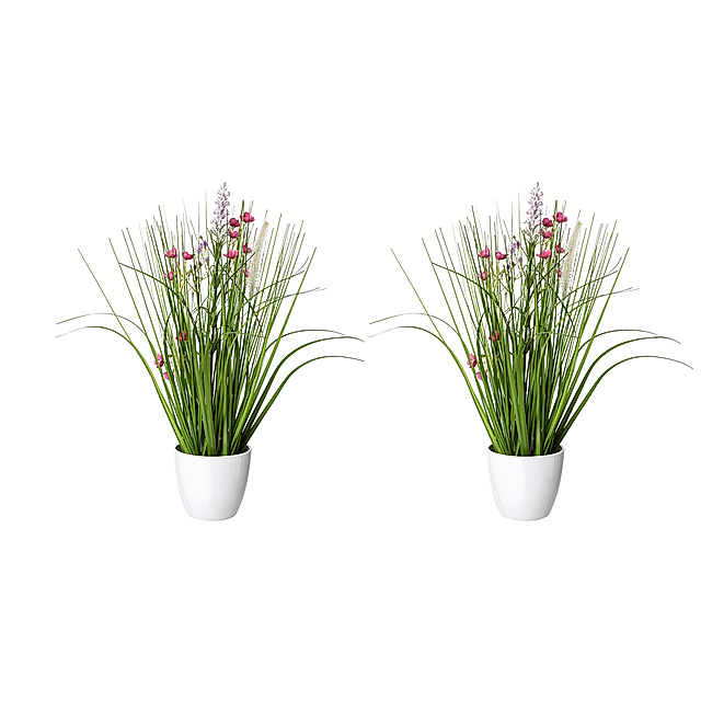 Kunstpflanze Blüten-Gras-Mix im Topf, 41 cm, 2er Set, rosa