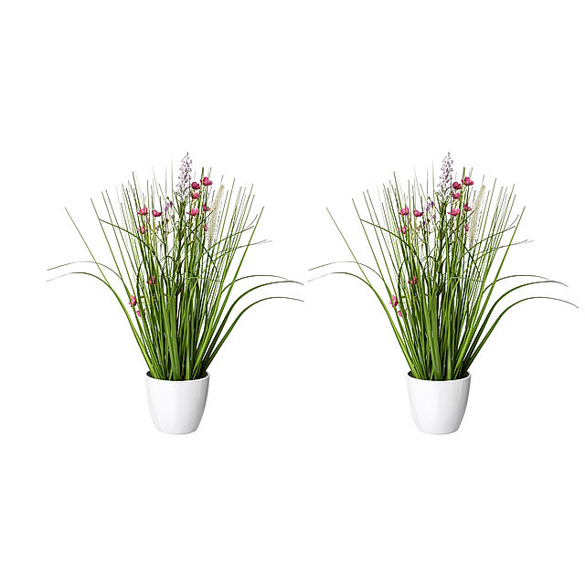 Kunstpflanze Blüten-Gras-Mix im Topf, 41 cm, 2er Set, rosa