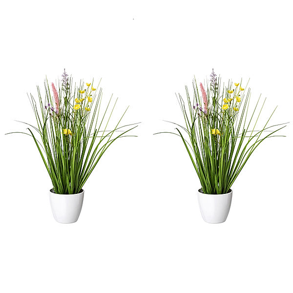 Kunstpflanze Blüten-Gras-Mix im Topf, 41 cm, 2er-Set (Farbe: bunt)