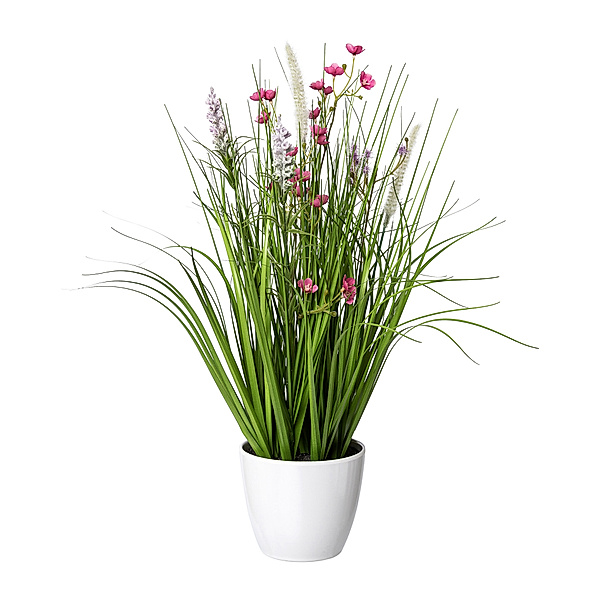 Kunstpflanze Blüten-Gras-Mix im Topf, 46 cm (Farbe: rosa)