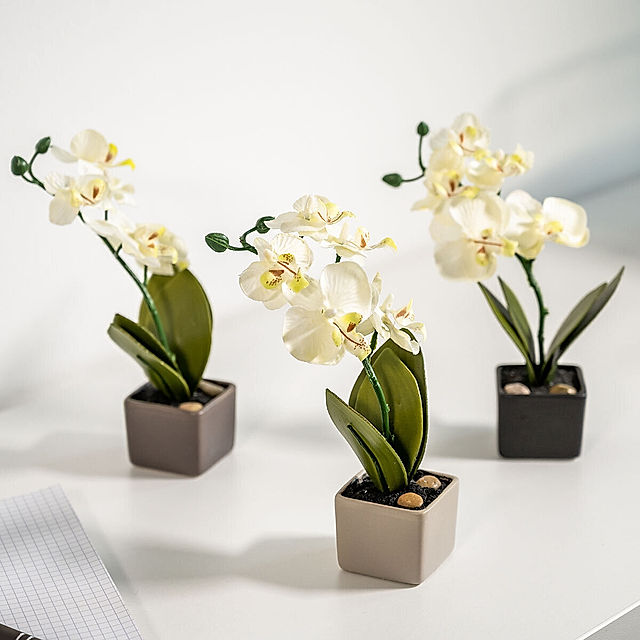 im 3er-Set Orchideen Kunstpflanze Keramiktopf,