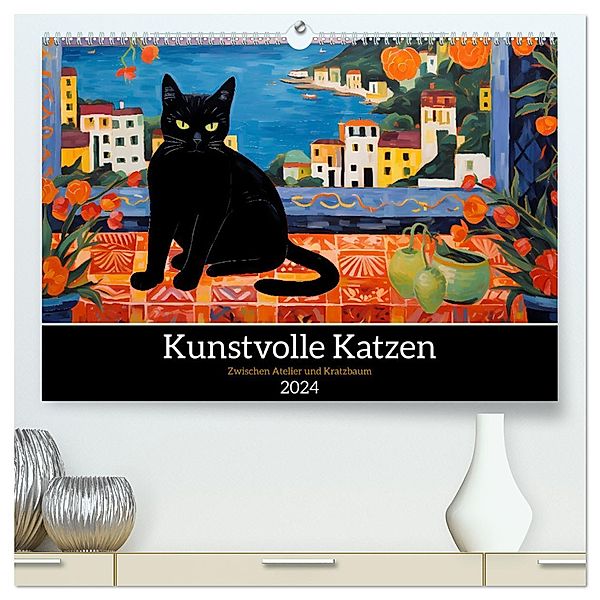 Kunstvolle Katzen (hochwertiger Premium Wandkalender 2024 DIN A2 quer), Kunstdruck in Hochglanz, HollywayArt
