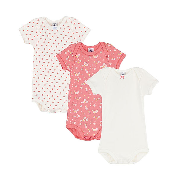 Petit Bateau Kurzarm-Body BLUMEN & PUNKTE 3er Pack in melone