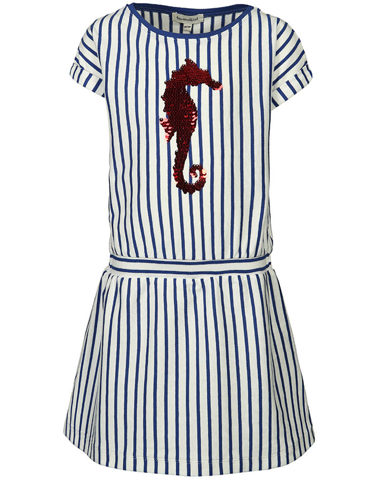 Kurzarm-Kleid IN THE DEEP gestreift mit Wendepailletten in royalblau weiß