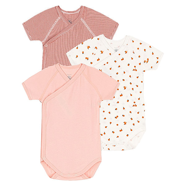 Petit Bateau Kurzarm-Wickelbody ORANGETTES 3er-Pack in pfirsich/marshmallow