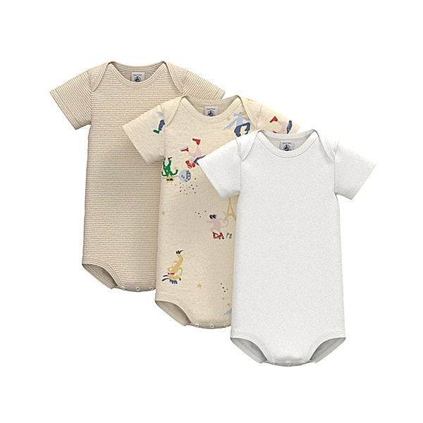 Petit Bateau Kurzarmbody FUNKY 3er-Set in creme