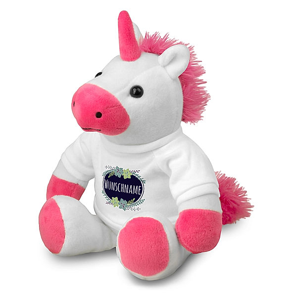 Kuscheltier Einhorn mit Namen (Motiv: Blumen)