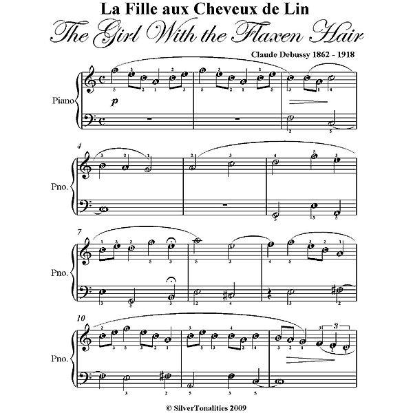 La Fille aux Cheveux de Lin Girl With the Flaxen Hair Easiest Piano Sheet Music, Claude Debussy