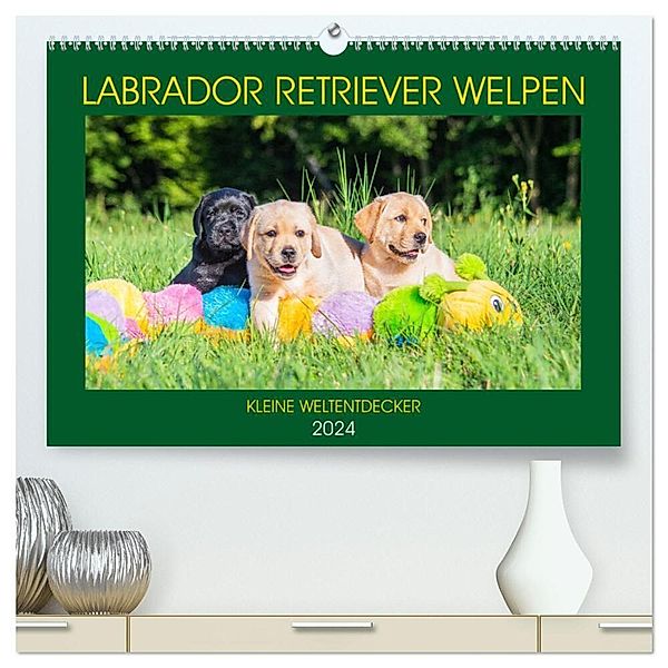 Labrador Retriever Welpen - Kleine Weltentdecker (hochwertiger Premium Wandkalender 2024 DIN A2 quer), Kunstdruck in Hochglanz, Sigrid Starick