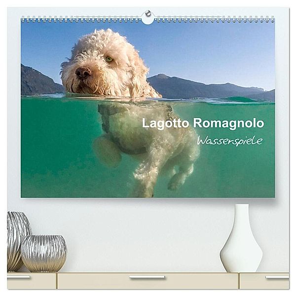 Lagotto Romagnolo - Wasserspiele (hochwertiger Premium Wandkalender 2024 DIN A2 quer), Kunstdruck in Hochglanz, wuffclick-pic