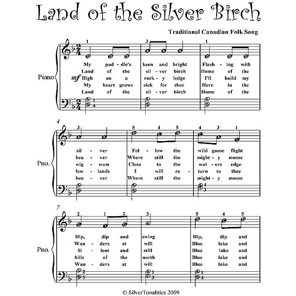 Land of the Silver Birch Easy Piano Sheet Music, Traditional Canadian Folk Song