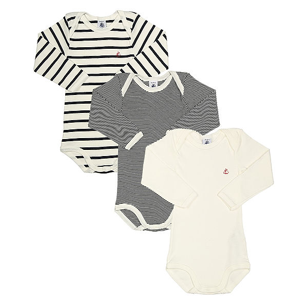 Petit Bateau Langarm-Body BABY STRIPES 3er Pack in creme/navy