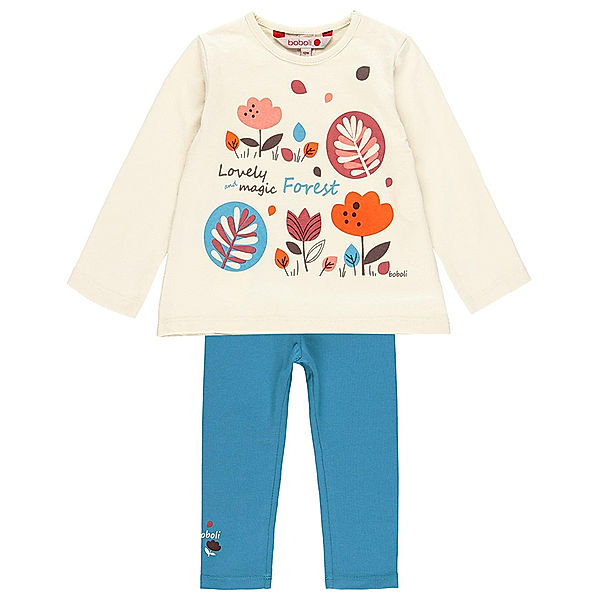 Boboli Langarmshirt BLÄTTER mit Leggings in creme/ocean blue