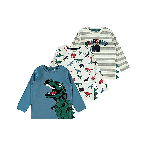 name it Langarmshirt NMMOFUN - DINO 3er-Pack in wollweiß/blau