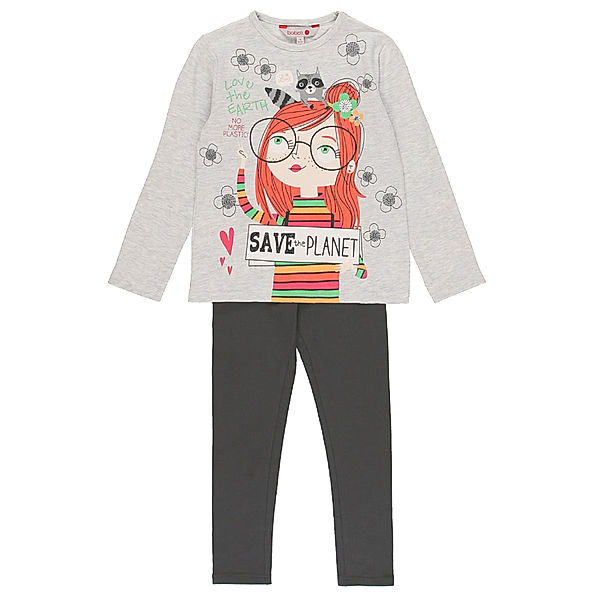 Boboli Langarmshirt SAVE THE PLANTE mit Leggings in grau melange/anthrazit