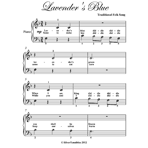Lavender’s Blue Beginner Piano Sheet Music, Traditional English Folk Song