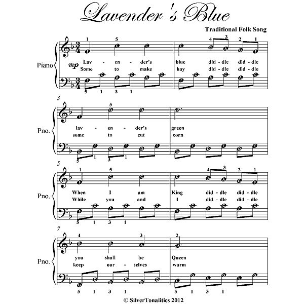 Lavender’s Blue Easy Piano Sheet Music, Traditional Folk Song
