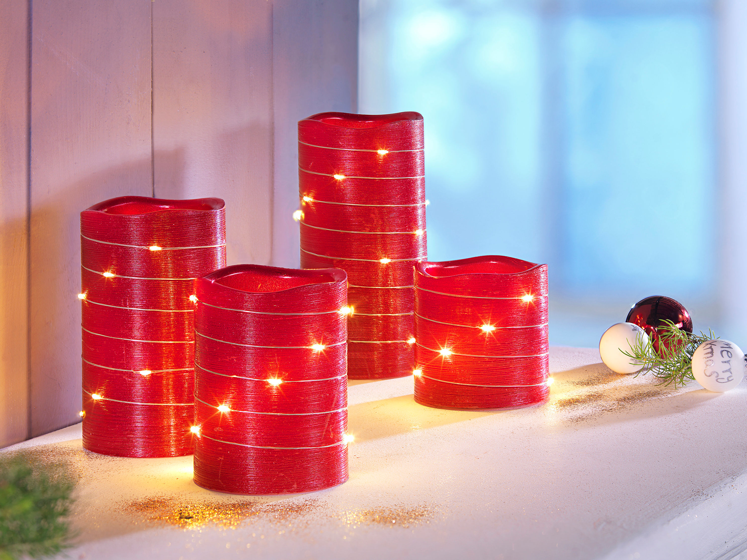 LED-Echtwachskerzen mit Lichterkette, rot, 4er-Set | Weltbild.at