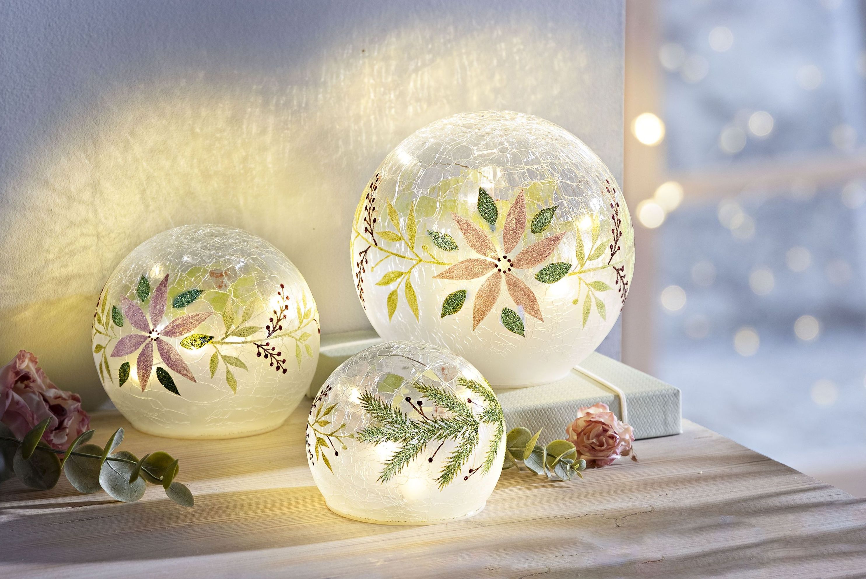 Snowflake Frosted White LED Lighted Glass Globe Set