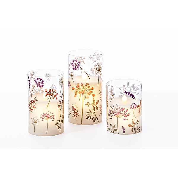 LED-Kerzen Blumenfest im Glas, 3er-Set
