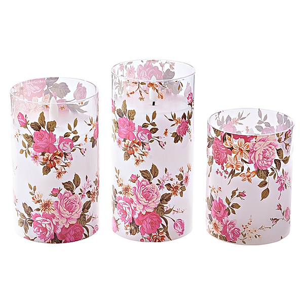 LED-Kerzen im Glas Romantic Flowers 3er-Set