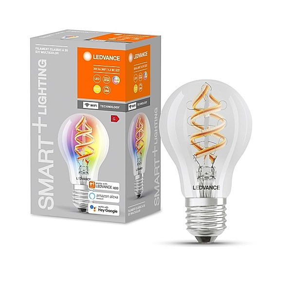 Ledvance Smartes LED-Filament WiFi, Glühbirne, 4.5W ersetzt 30W, E27, RGBW, klar