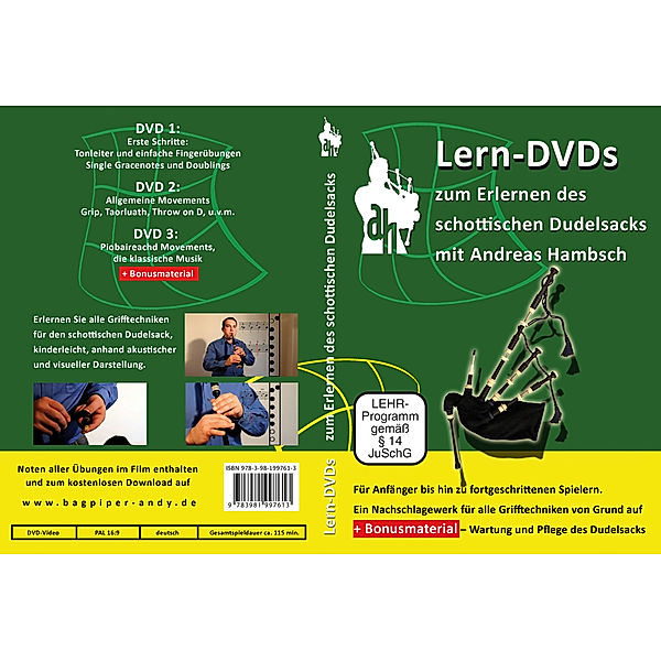 Lern-DVDs Dudelsack - Richtige Griffweise und Technik (grün),3 DVDs, Andreas Hambsch