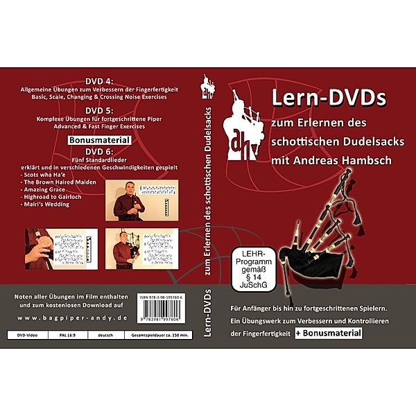 Lern-DVDs Dudelsack - Übungen und Lieder (rot), 3 DVDs, Andreas Hambsch