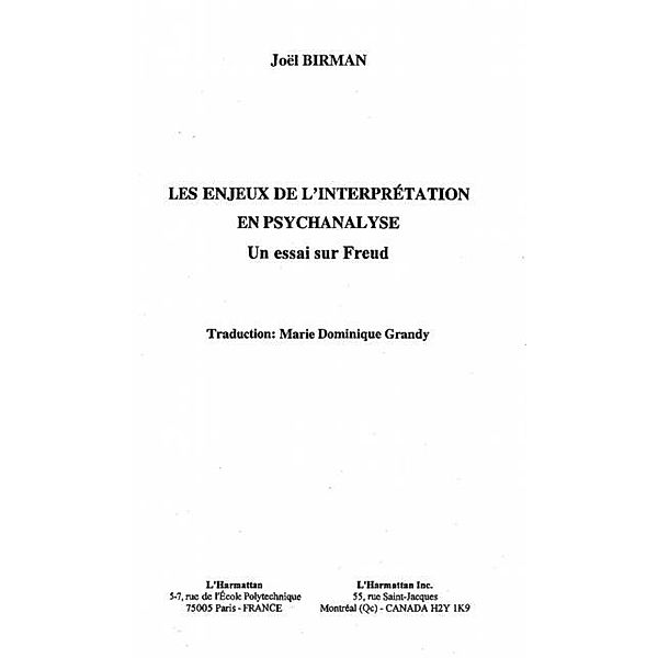 LES ENJEUX DE L'INTERPRETATION EN PSYCHANALYSE / Hors-collection, Joel Birman