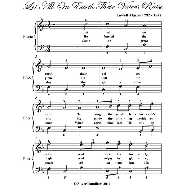 Let All On Earth Their Voices Raise Easy Piano Sheet Music, Lowell Mason