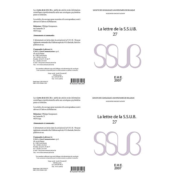 Lettre de la S.S.U.B. 27, Societe des Sexologues Universitaires de Belgique