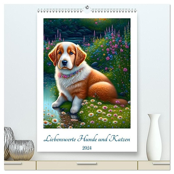 Liebenswerte Hunde und Katzen (hochwertiger Premium Wandkalender 2024 DIN A2 hoch), Kunstdruck in Hochglanz, Angelika Beuck